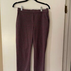 Theory Women's Red Grey Houndstooth Plaid Straight Leg Trousers Pants Size 2